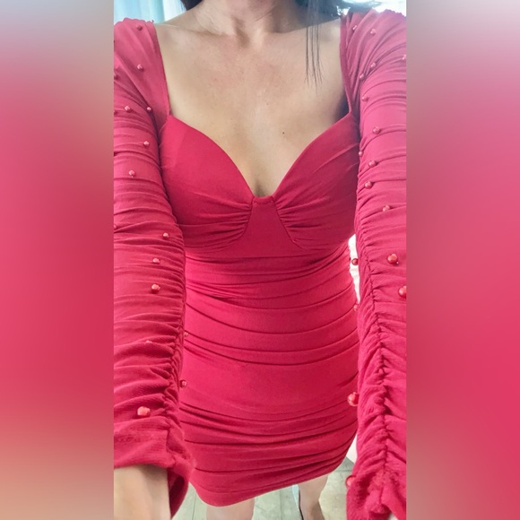 Windsor Red Sheer Sleeves with Pearl Accents Mini Dress - Picture 5 of 5